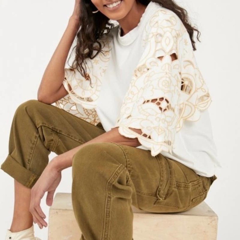 Free People White Top with Intricate Cream Lace Bell Sleeves
